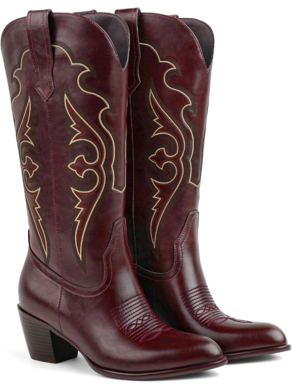Women's Red Embroidered Western Cowgirl Boots with Chunky Heel Comfort Boot - Picture 7 of 7